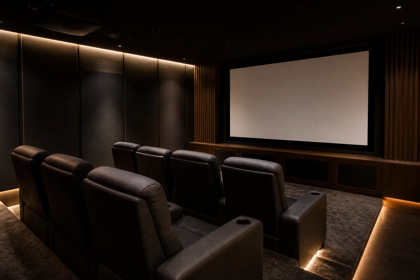 Modern dedicated home cinema with tiered seating and warm lighting